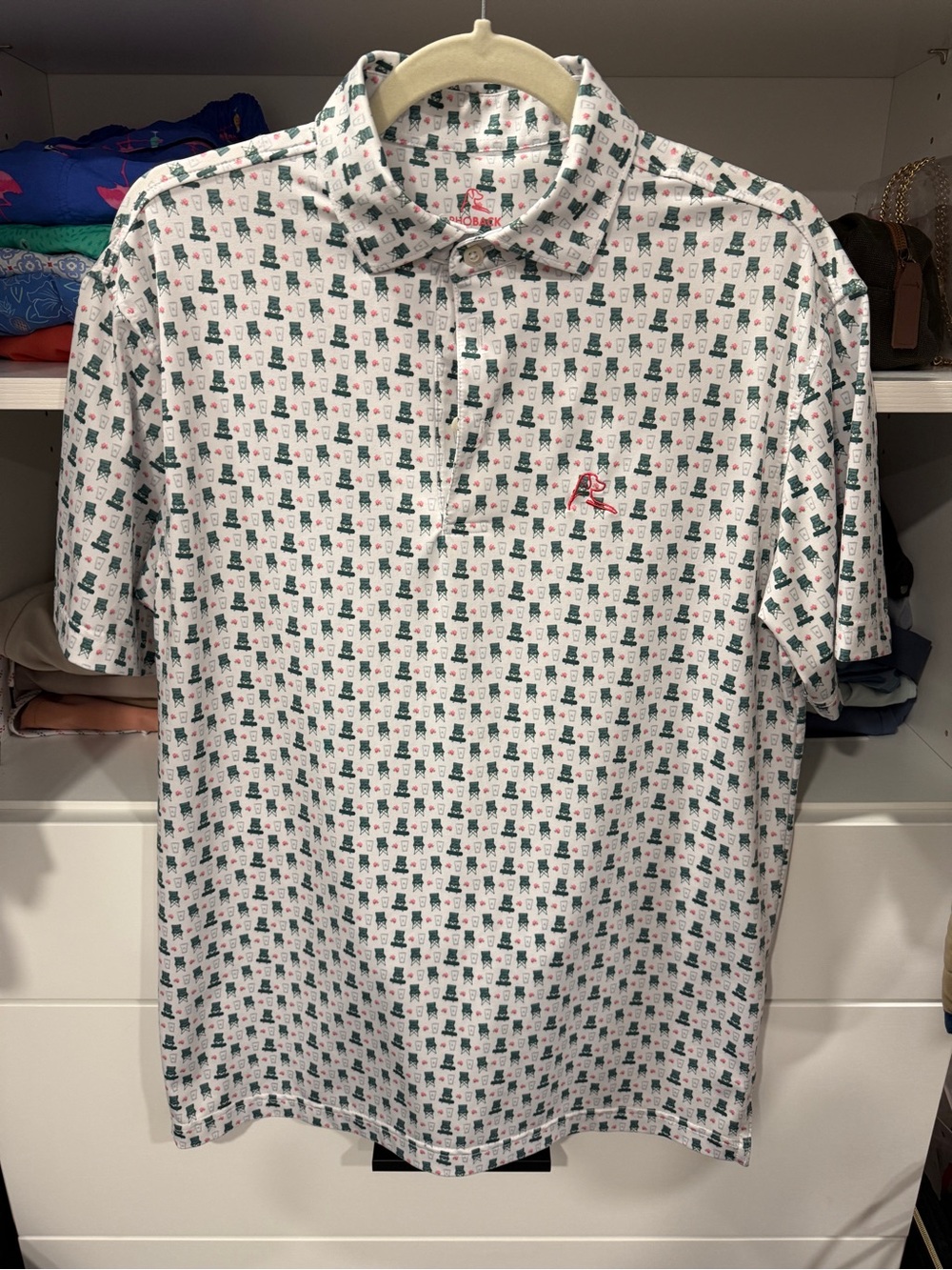 Rhoback White Polo with Green and Red Microprint